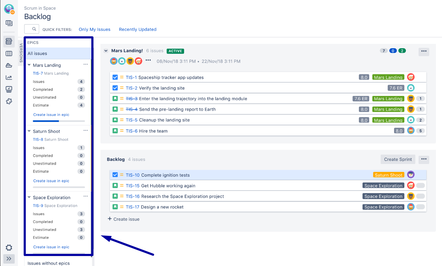 Blog image: Agile Product Backlog Example 3: Jira Epic Panel View